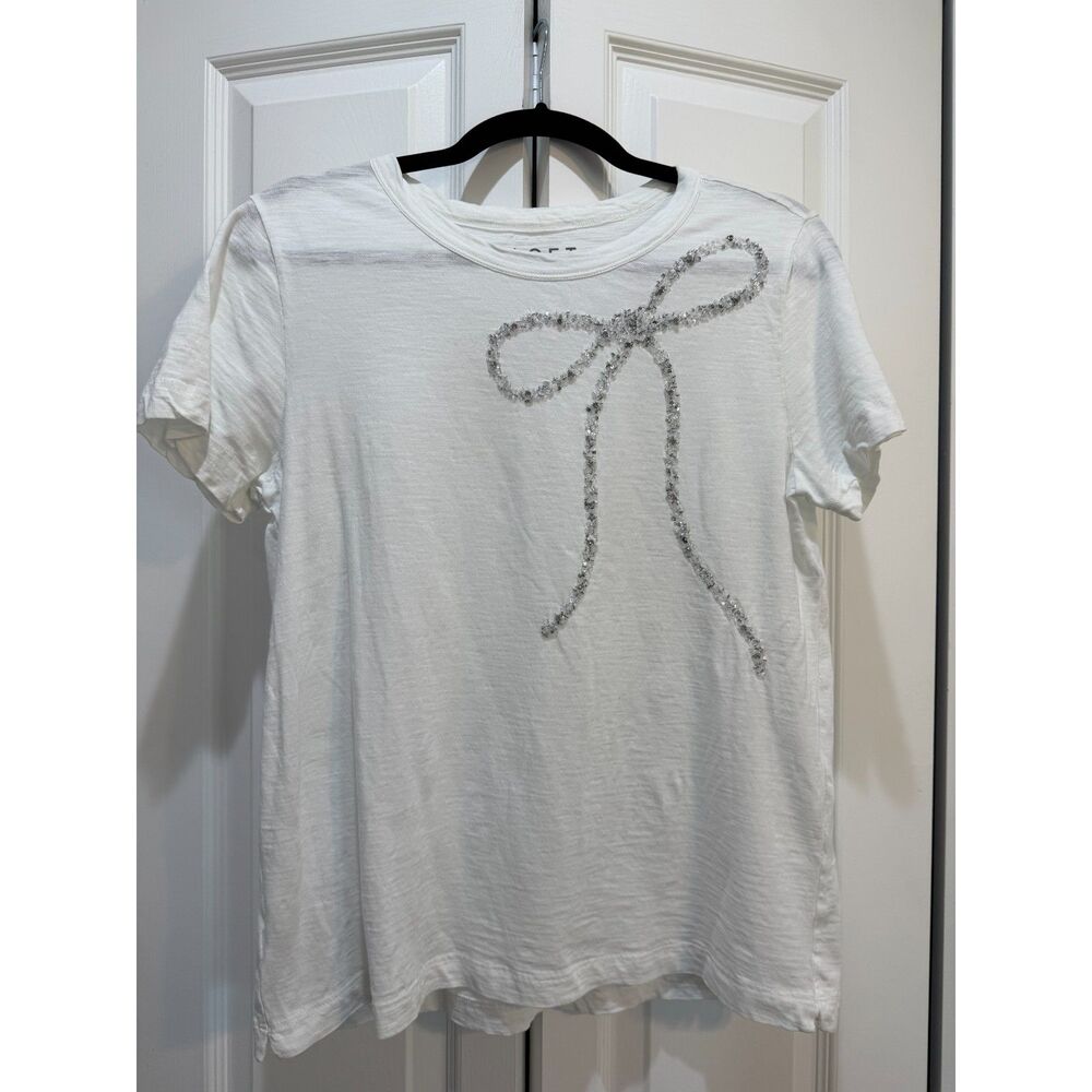 LOFT White Embellished Gemstone Bow Short Sleeve T-Shirt 100% Cotton Size Medium